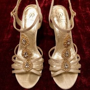 Women's Designer, Gold & Jeweled Dressy Sandals, Wedge heel,  Adrianna Papell